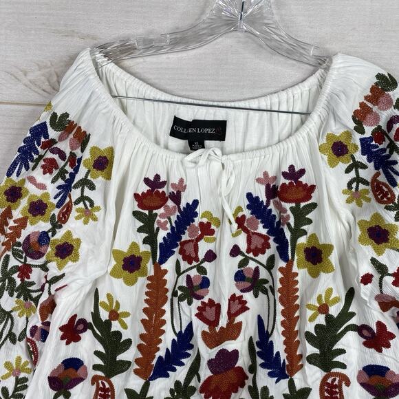 Colleen Lopez Top XS White Heavily Embroidered On/Off Shoulder Keyhole Long Slv - Picture 2 of 10